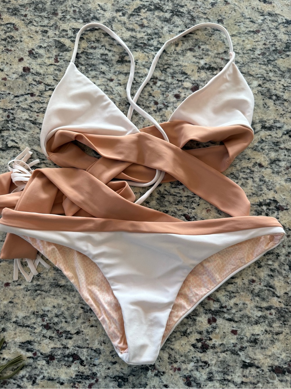 Acacia swimwear nude and white wrap xsmall top and small matching bottoms